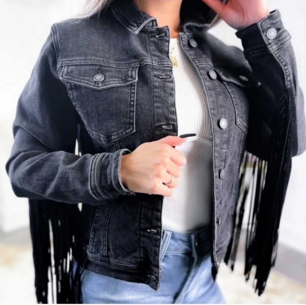 JUDY BLUE Black Wash Black Fringe 4 Pocket Jean Jacket - 3X